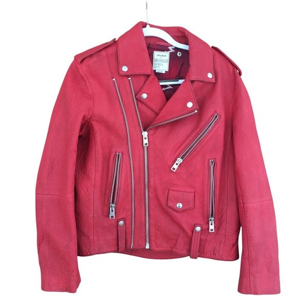 Zadig & Voltaire Women's Size Large Liya Cuir Moto Biker Leather Jacket Red - Picture 1 of 16